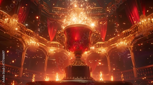 an AI image of an opulent red and gold trophy cup on a stage, surrounded by dazzling lights and a sense of grandeur attractive look photo