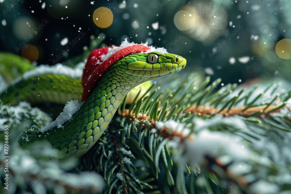 A green snake with red eyes and a red Santa hat sits on a pine tree branch with snow. A green snake with red eyes and a red Santa hat sits on a pine tree branch with snow.