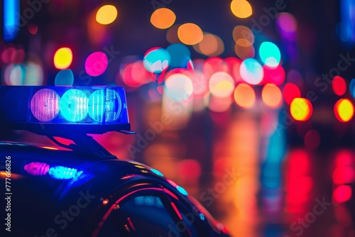 Police car patrolling in the night with blurry colorful background