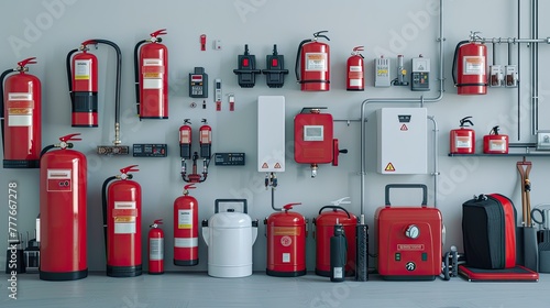 a comprehensive array of fire safety solutions, including extinguishers, alarms, suppression systems, and more, in a single impactful image. © lililia