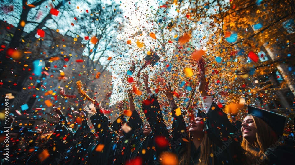 Graduates throwing confetti in the air, captured in a vibrant lifestyle shot that emphasizes the explosion of colors and joy.