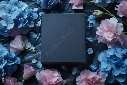 A sophisticated black mockup box is beautifully presented amidst a lush arrangement of pink and blue hydrangeas, the vivid colors striking against the dark textured surface