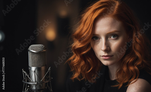 Portrait of a beautiful red-haired model talking studio microphone, a ginger model with a face of beauty and red hair, noir, contrast photo