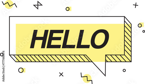Hello Banner, speech bubble, poster concept, geometric memphis style with text welcome. Icon balloon with quote message Welcome for banner, poster. Explosion burst design. Vector Illustration