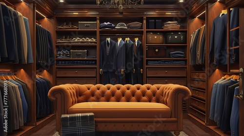 an AI image showcasing the interior of an opulent male wardrobe with a comfortable brown sofa, adorned with an array of high-end suits attractive look © Nafees