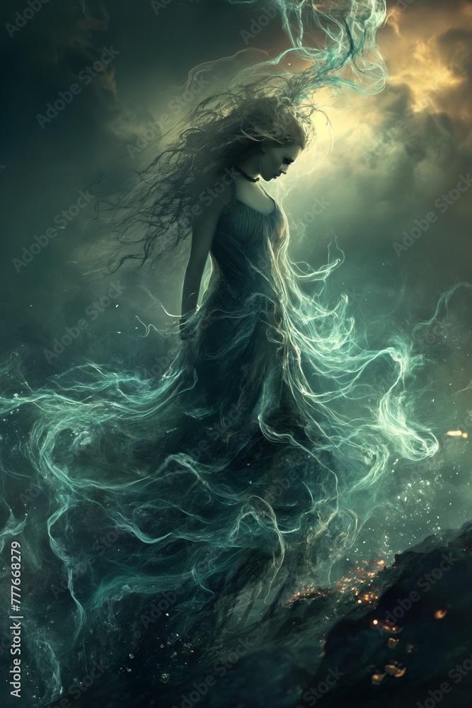 Woman as the element of air, the goddess of air, wind and smoke Woman as the element of air, the goddess of air, wind and smoke