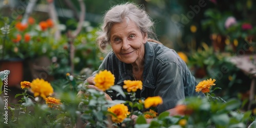 Woman Smiling in Flower-filled Garden