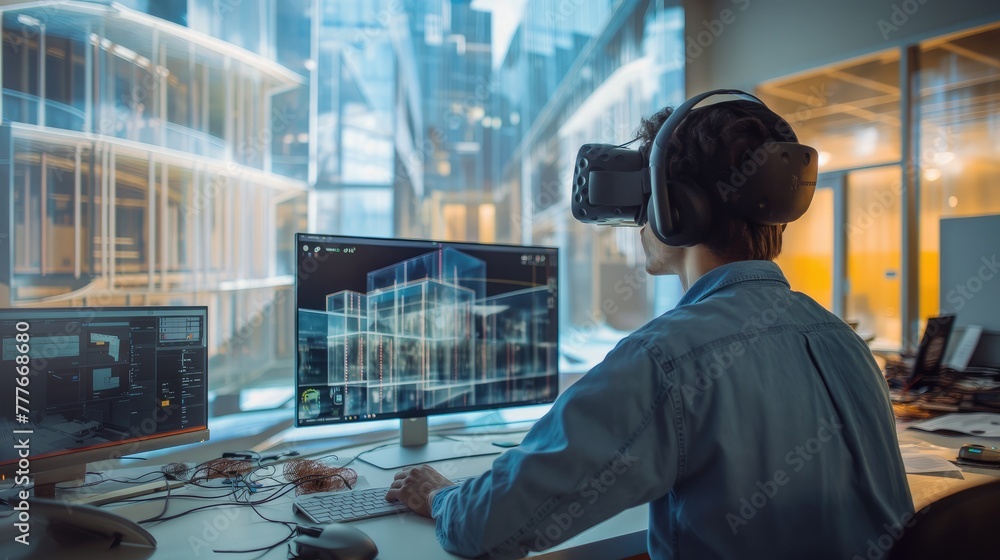 an architect crafting intricate virtual reality spaces, as they meticulously design plans on a digital screen, showcasing the fusion of technology and creativity in the construction of buildings. an architect crafting intricate virtual reality spaces, as they meticulously design plans on a digital screen, showcasing the fusion of technology and creativity in the construction of buildings.