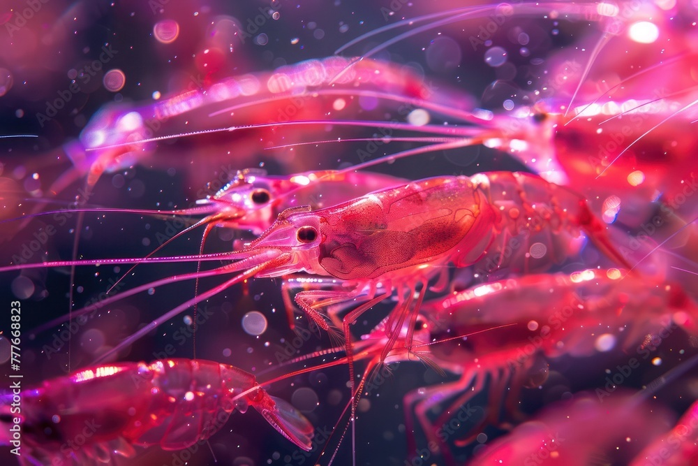 Medium shot of microscopic neon red krill, a vital component of the marine food web, in a sample container