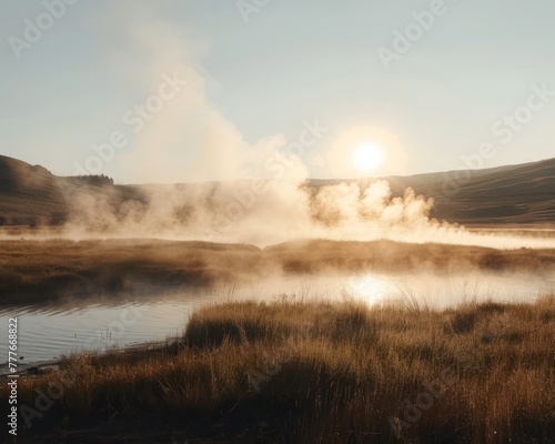 Medium shot of steam rising from a hot spring in an early morning mist, with the surrounding landscape softly illuminated