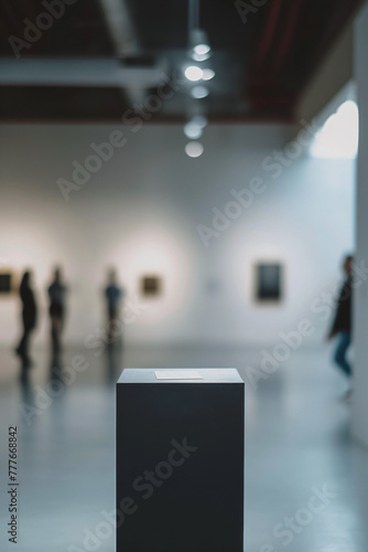 n empty black marble gallery pedestal with a blurred out background of minimalistic art gallery with white walls