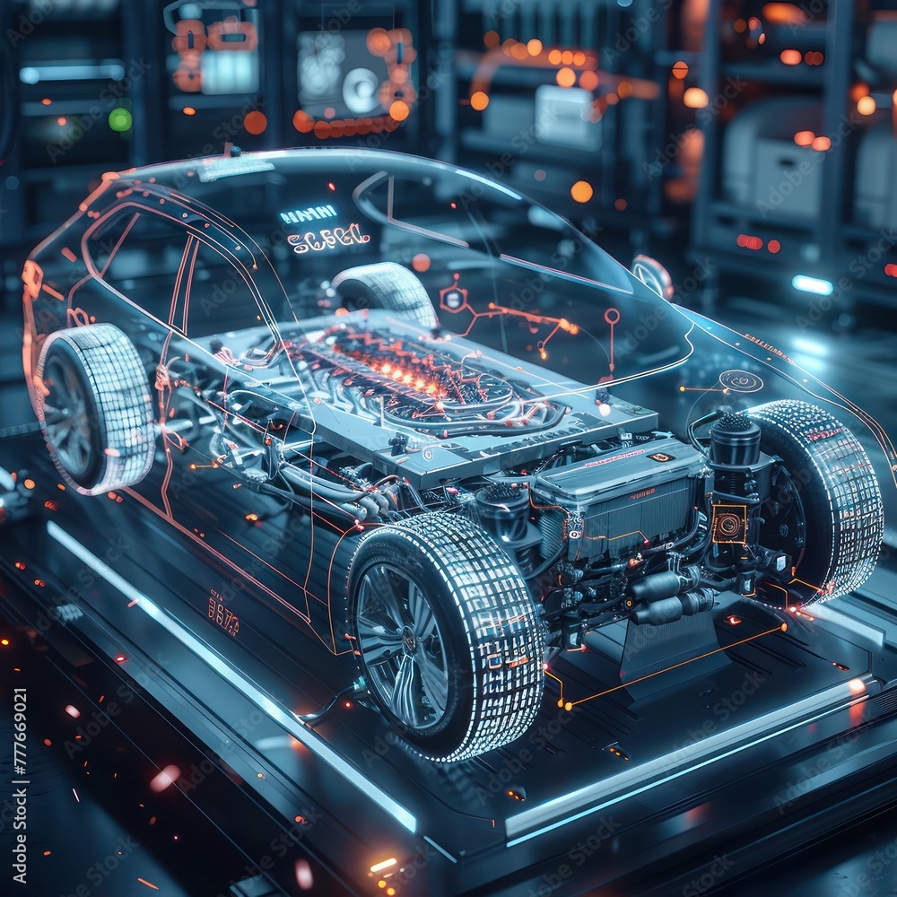 Medium shot of an electric vehicle's powertrain, with a holographic display detailing battery status and efficiency gauges Medium shot of an electric vehicle's powertrain, with a holographic display detailing battery status and efficiency gauges