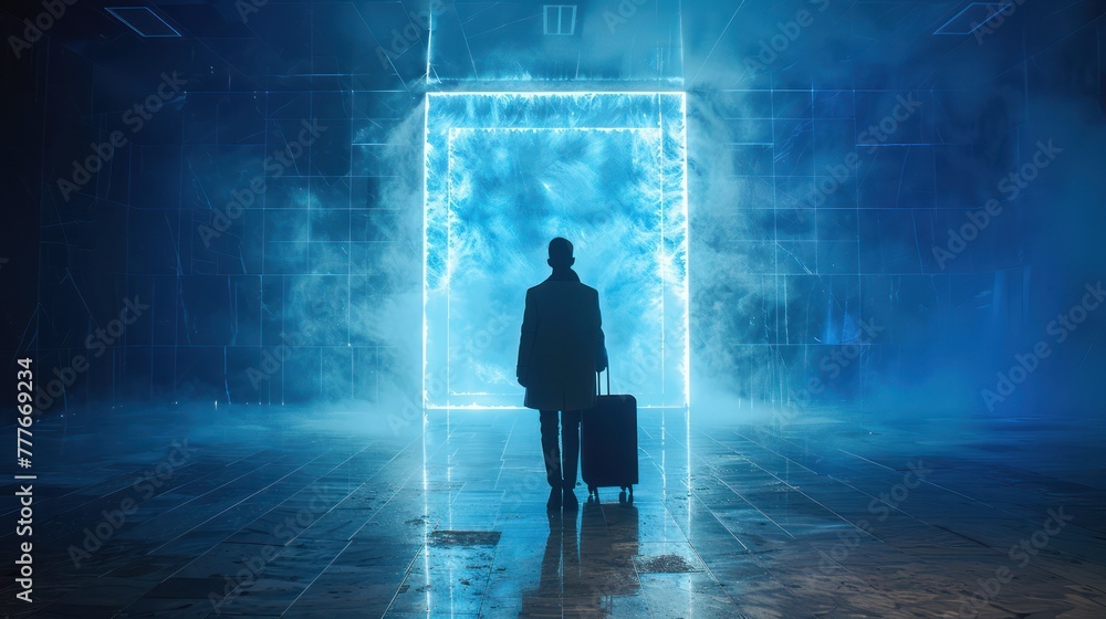 Medium shot of a traveler arriving at their destination through a portal, luggage automatically appearing beside them Medium shot of a traveler arriving at their destination through a portal, luggage automatically appearing beside them