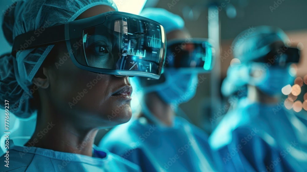 Medium shot of a surgical team wearing augmented reality glasses, viewing teal holographic data during a procedure Medium shot of a surgical team wearing augmented reality glasses, viewing teal holographic data during a procedure
