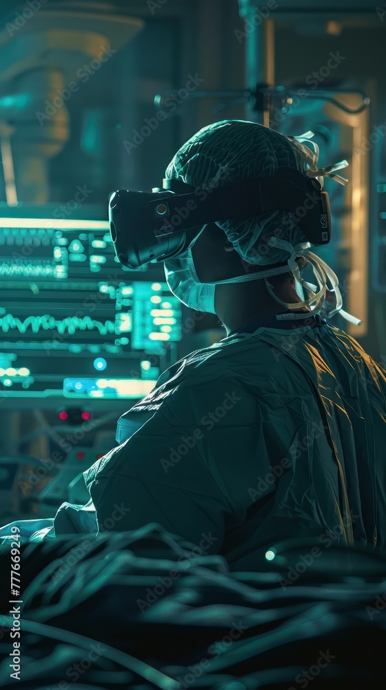 Fototapeta premium Medium shot of a surgeon immersed in a virtual reality surgical training session, with teal highlights in the VR environment