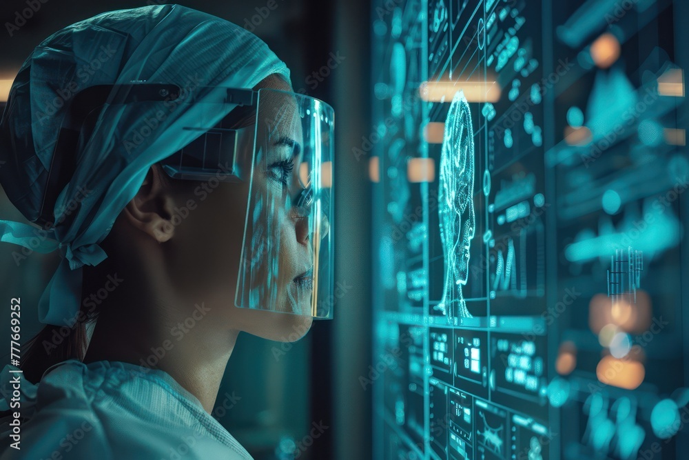 Medium shot of a surgeon consulting an AI digital assistant on a teal holographic interface about a surgical procedure Medium shot of a surgeon consulting an AI digital assistant on a teal holographic interface about a surgical procedure