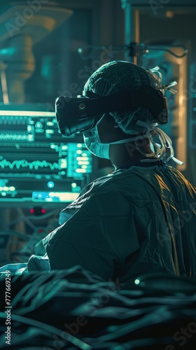 Medium shot of a surgeon immersed in a virtual reality surgical training session, with teal highlights in the VR environment