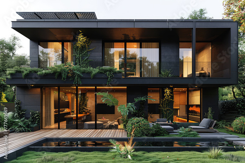 A black modern house with panoramic windows and solar panels on the roof stands in front of green grass, with two floors, large glass window frames and terrace. Created with Ai
