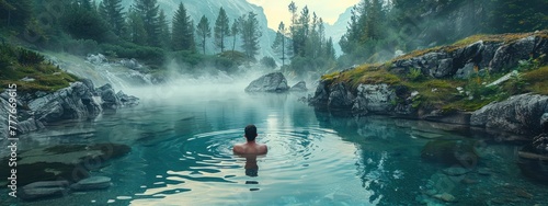 Medium shot of a person relaxing in a natural hydrothermal pool, surrounded by pristine wilderness