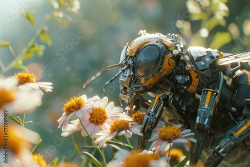 Medium shot of a mechanical bee pollinating flowers in a controlled environment, ensuring the survival of plant species
