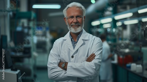 Portrait of confident mature male scientist standing with arms crossed in factory