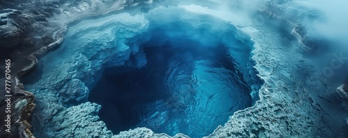 Close-up of the intense blue waters of a hydrothermal pool in a volcanic region, with steam obscuring the edges