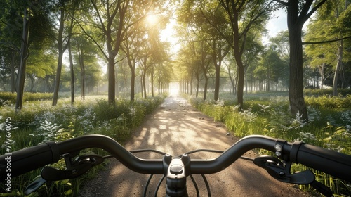 a bike ride as you gaze through the eyes of a cyclist, with bicycle handlebars framing the picturesque bike path meandering through a sunlit summer park. © lililia