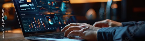 Close-up of hands typing on a laptop with a digital efficiency dashboard on the screen