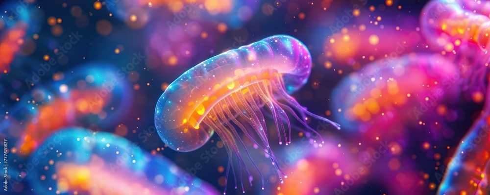 Close-up of genetically modified plankton that glow neon colors under specific conditions, in a biotech research facility Close-up of genetically modified plankton that glow neon colors under specific conditions, in a biotech research facility