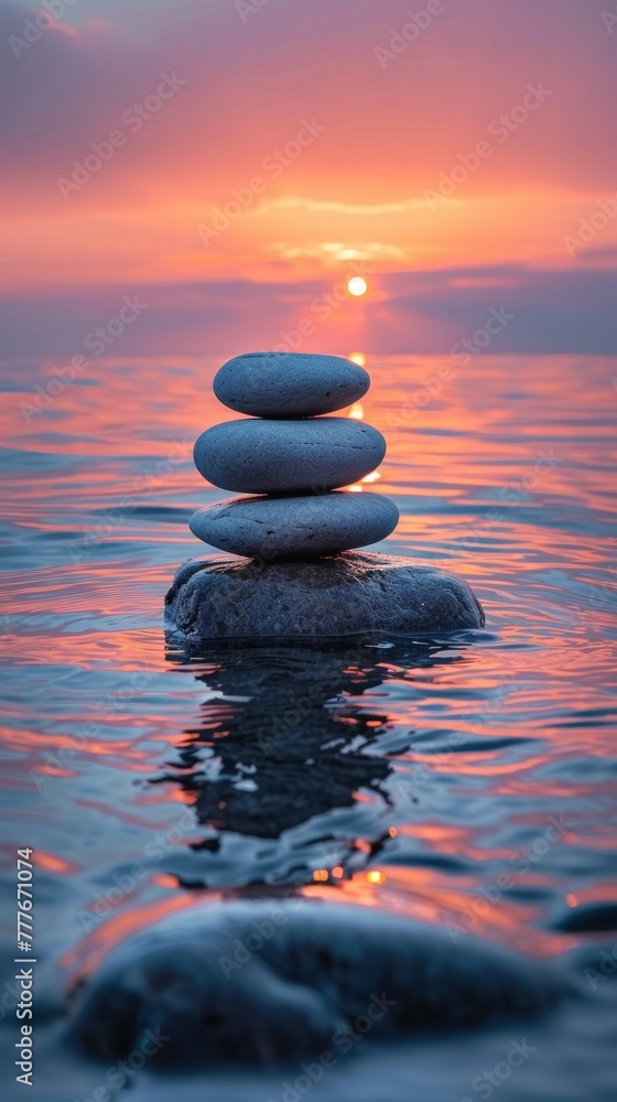 Balanced Stones at Serene Sunset Pond Generative AI