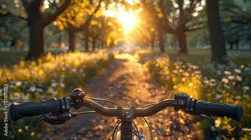 a bike ride as you gaze through the eyes of a cyclist, with bicycle handlebars framing the picturesque bike path meandering through a sunlit summer park.