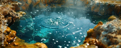 Close-up of a natural hot spring releasing oxygen bubbles through mineral-rich water, emphasizing the heat and energy from below