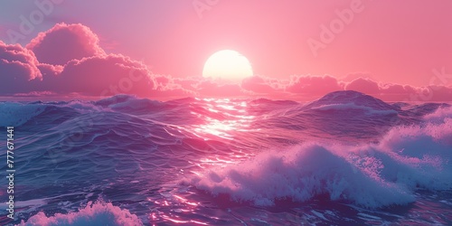 A beautiful sunset over the ocean with pink and purple clouds © inspiretta