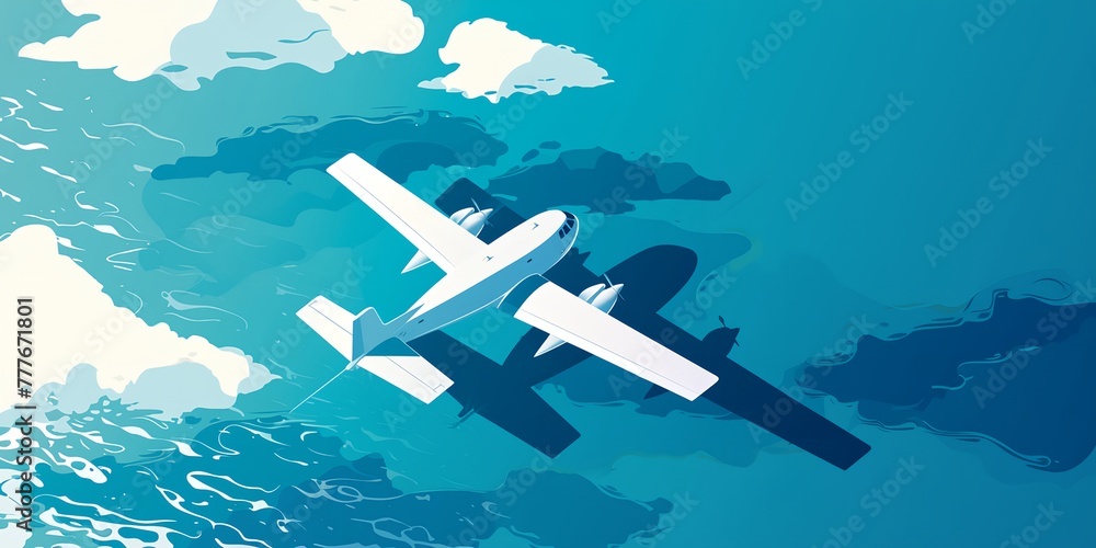 Naklejka premium White plane flies over water among clouds, casting shadow.