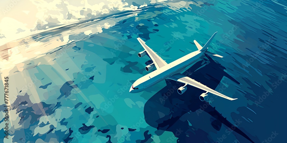 Obraz premium White plane flies over water among clouds, casting shadow.