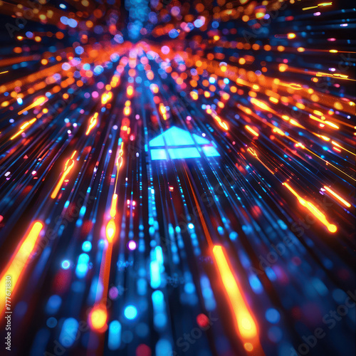 Close-up of a glowing download icon surrounded by streaks of light, symbolizing high-speed internet data transfer