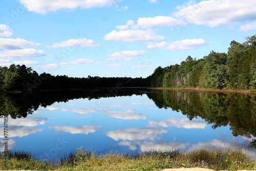 Tree line with still water lake and reflection of trees, sky, and clouds. photo