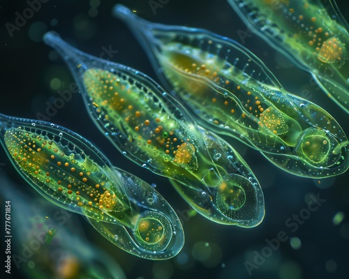 Close-up of a euglena colony, focusing on the greenish hue and flagella, through differential interference contrast microscopy photo