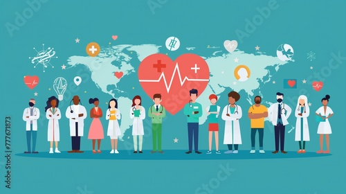Illustration of Diverse Healthcare Workers United Around a Heart, Symbolizing Unity in Global Health