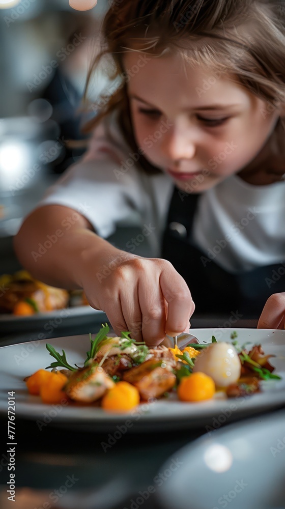 Close-up of a child's hands meticulously plating a gourmet dish, with a focused expression