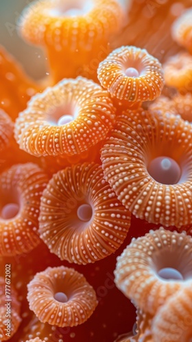 Close-up of a cluster of neon orange foraminifera, showcasing their detailed calcareous shells photo