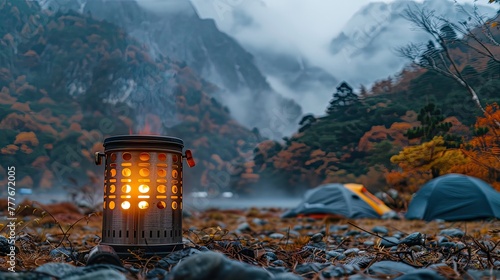 heating stove, set amidst rugged rocky terrain, enveloped by towering mountains and dense forests, ensuring warmth and comfort wherever your journey takes you. photo