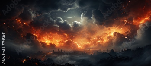 Fantasy landscape with city and stormy sky.