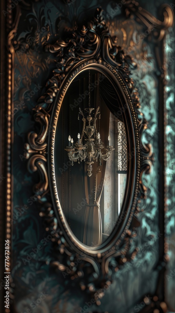 an oval ornate gilded mirror, reflecting refined beauty and sophistication in any space. an oval ornate gilded mirror, reflecting refined beauty and sophistication in any space.