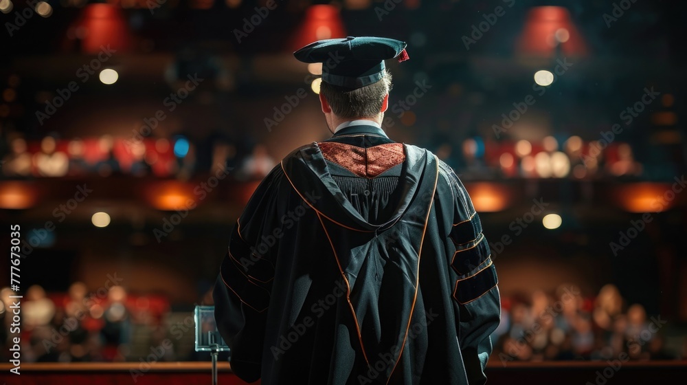A graduate giving a speech on stage, the moment captured in an editorial style with a focus on the speaker and the attentive audience in the background.
