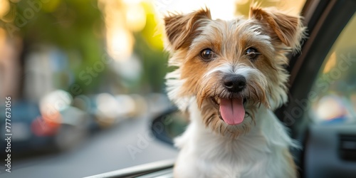 A dog is sitting in a car window  looking out at the street
