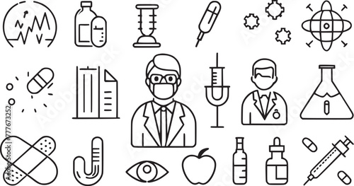 Various types of equipment of Medicine, check-up, doctor, dentistry, pharmacy, lab, scientific discovery, collection.