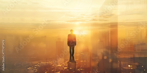 Businessman stands in front of a city skyline with a sun in the background. The image is a silhouette of the man and the city, with the sun casting a warm glow on the buildings.