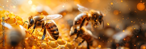 Three bees are flying around a honeycomb © inspiretta