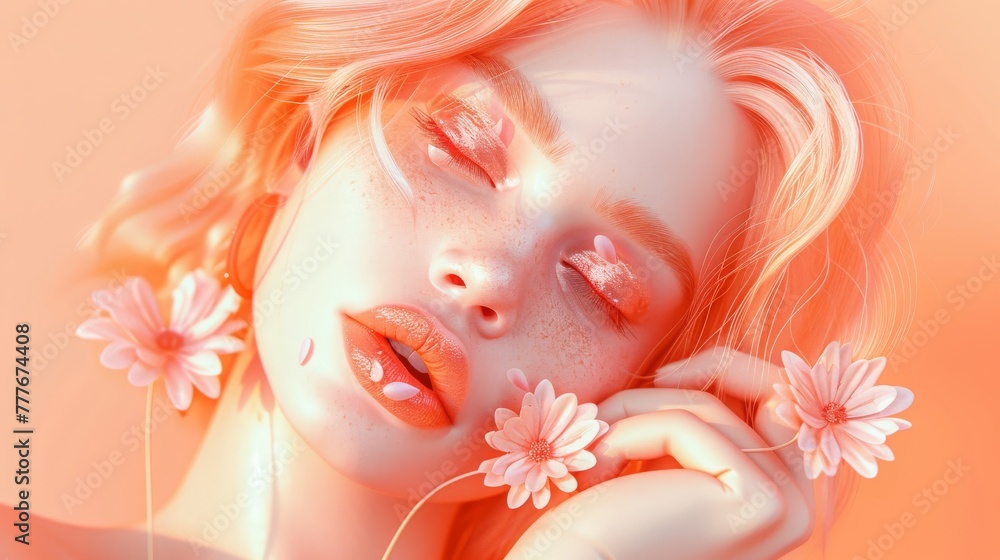 Surreal portrait young woman with peach hair,plump lips and delicate flowers on her face. International Women's Day. Color of the year 2024 Surreal portrait young woman with peach hair,plump lips and delicate flowers on her face. International Women's Day. Color of the year 2024